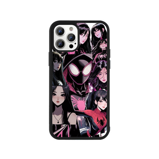 A smartphone case featuring a pink and black anime collage of Spider-Verse female characters with a protective black bumper - Marvel anime phone accessory by Stick-On Limited.