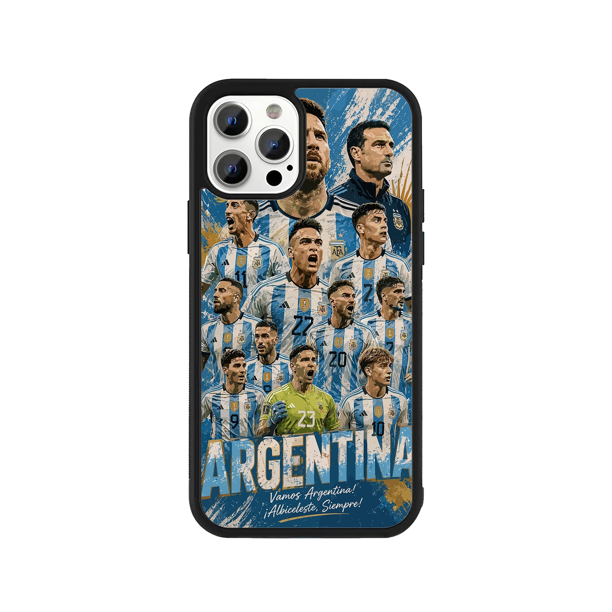 A smartphone case featuring a detailed illustration collage of the Argentina national football team players against a blue and white splatter background with gold accents, 'ARGENTINA' text, and a protective black bumper - sports phone accessory by Stick-On Limited