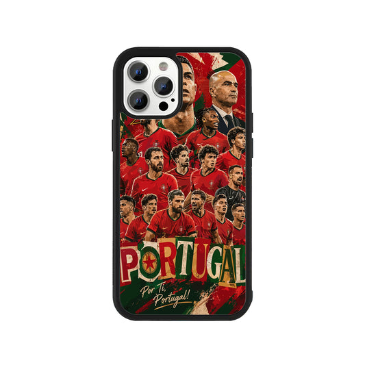 A smartphone case featuring a detailed illustration collage of the Portugal national football team players against a red and green textured background, with 'PORTUGAL' text and a protective black bumper - sports phone accessory by Stick-On Limited.