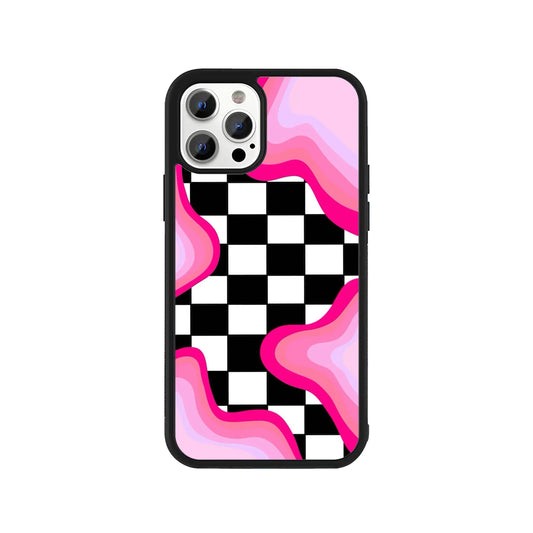 Phone case featuring black and white checkerboard pattern with melting pink wavy shapes - Y2K aesthetic cover by Stick-On Limited.