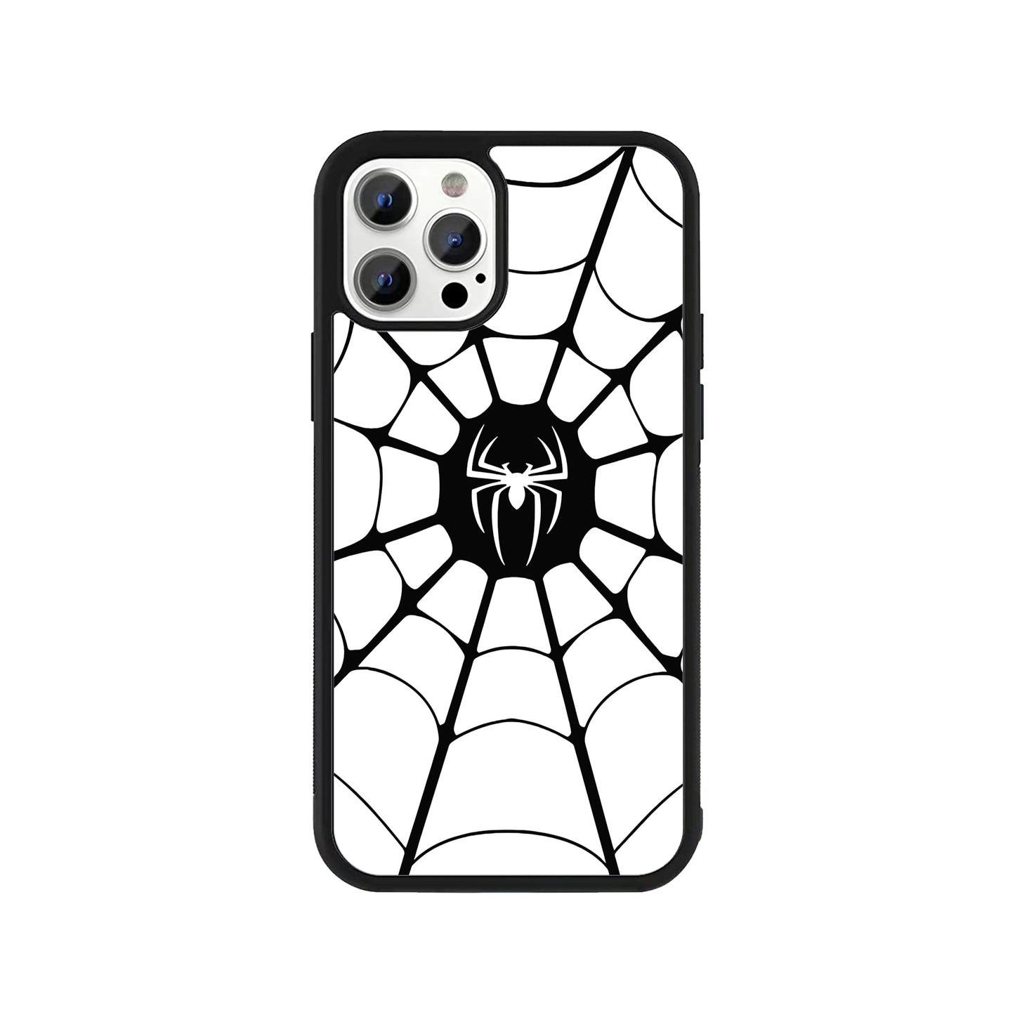 A smartphone case featuring a bold black spiderweb pattern on a white background with a white spider logo centered in a black circle, framed by a protective black bumper - pop culture phone accessory by Stick-On Limited.