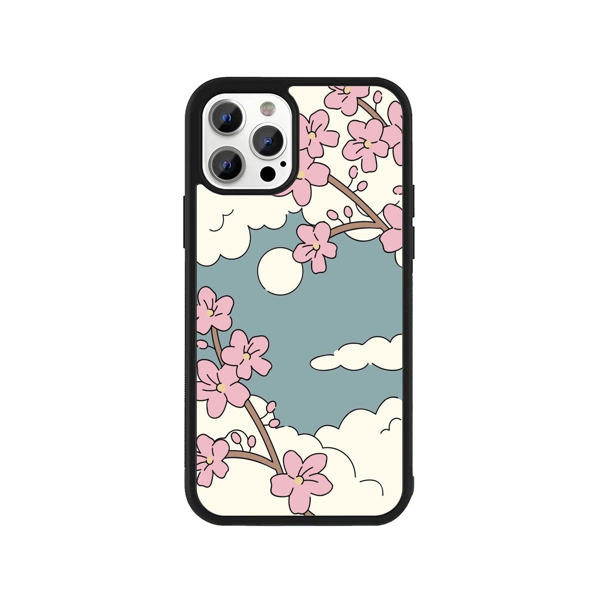 Phone case featuring illustrated pink cherry blossoms and white clouds on a blue sky background - aesthetic floral cover by Stick-On Limited.
