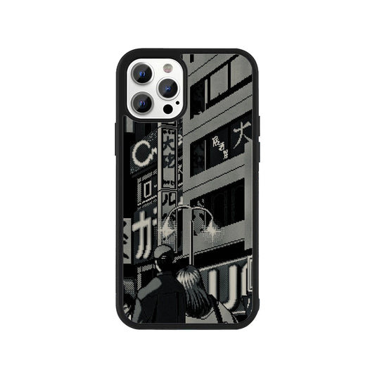 Phone case featuring black and white pixel art of a couple walking in a Japanese city at night - retro aesthetic cover by Stick-On Limited.