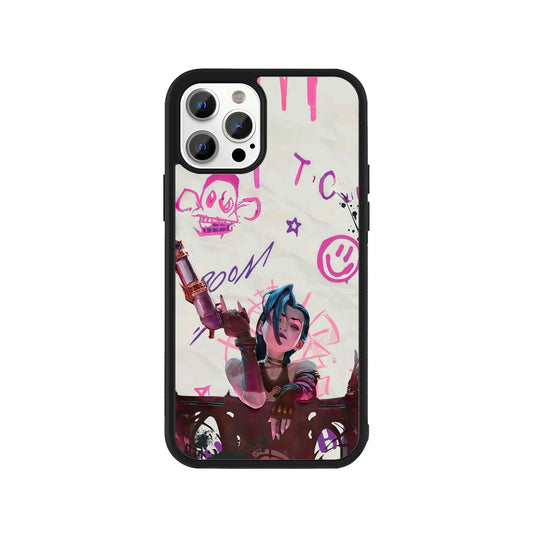 Phone case featuring Jinx from Arcane and League of Legends with pink graffiti background and monkey logo - gaming cover by Stick-On Limited.