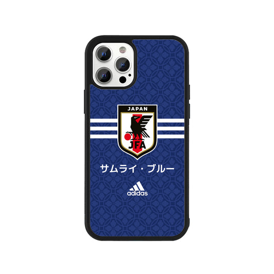 A smartphone case featuring a blue traditional Japanese pattern, the Japan JFA crest with the three-legged crow, horizontal stripes, Japanese katakana text, and a protective black bumper - sports phone accessory by Stick-On Limited.