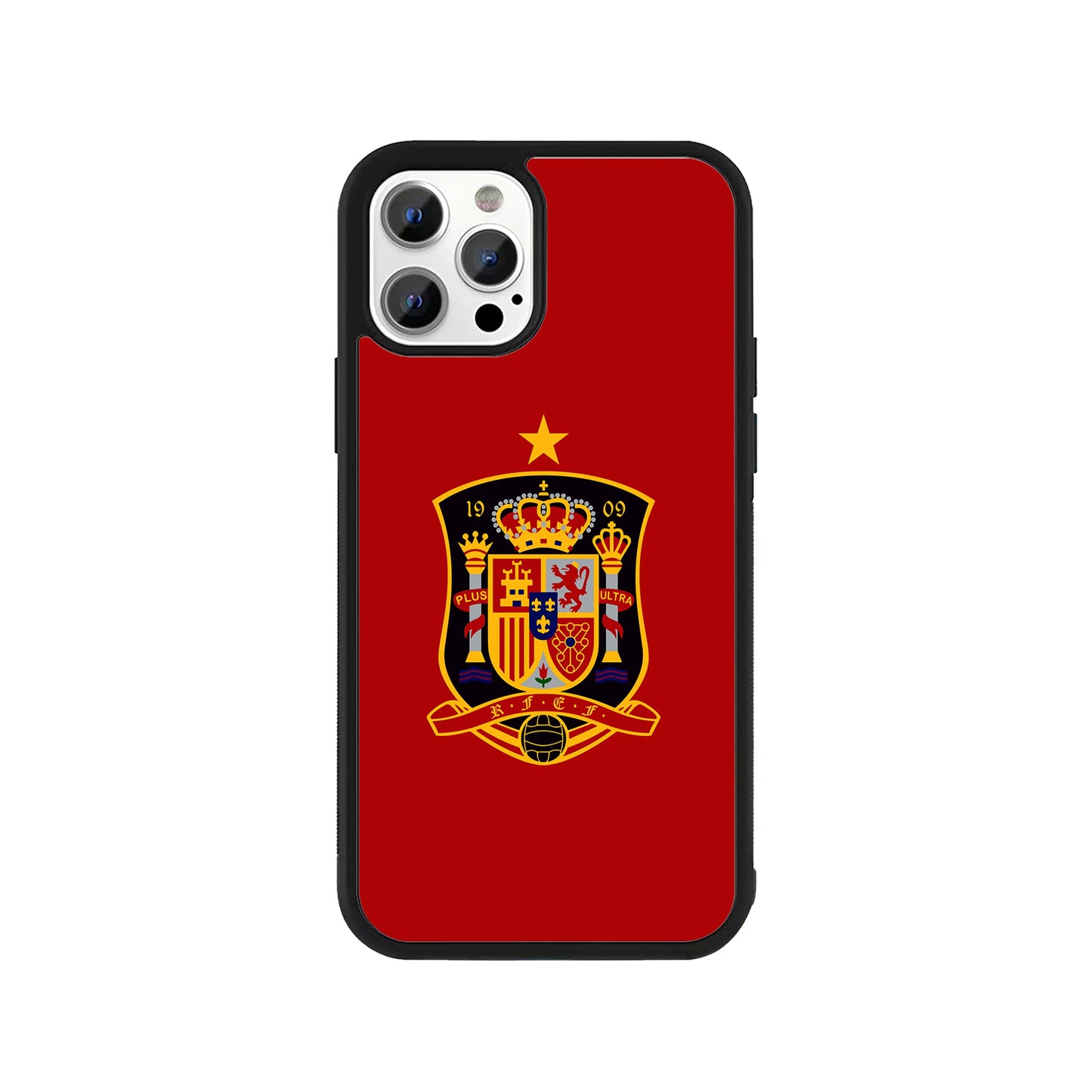 A smartphone case featuring the detailed Spain RFEF football crest with a single gold star on a solid red background, framed by a protective black bumper - sports phone accessory by Stick-On Limited.