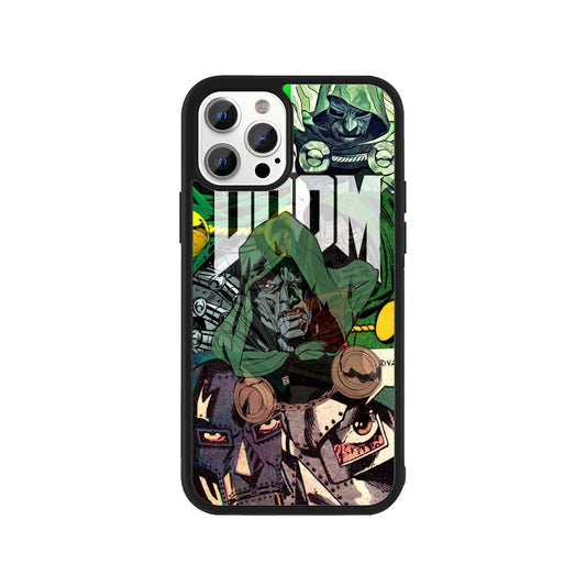 Phone case featuring Doctor Doom comic book art collage with green hood and iron mask - Marvel villain cover by Stick-On Limited.