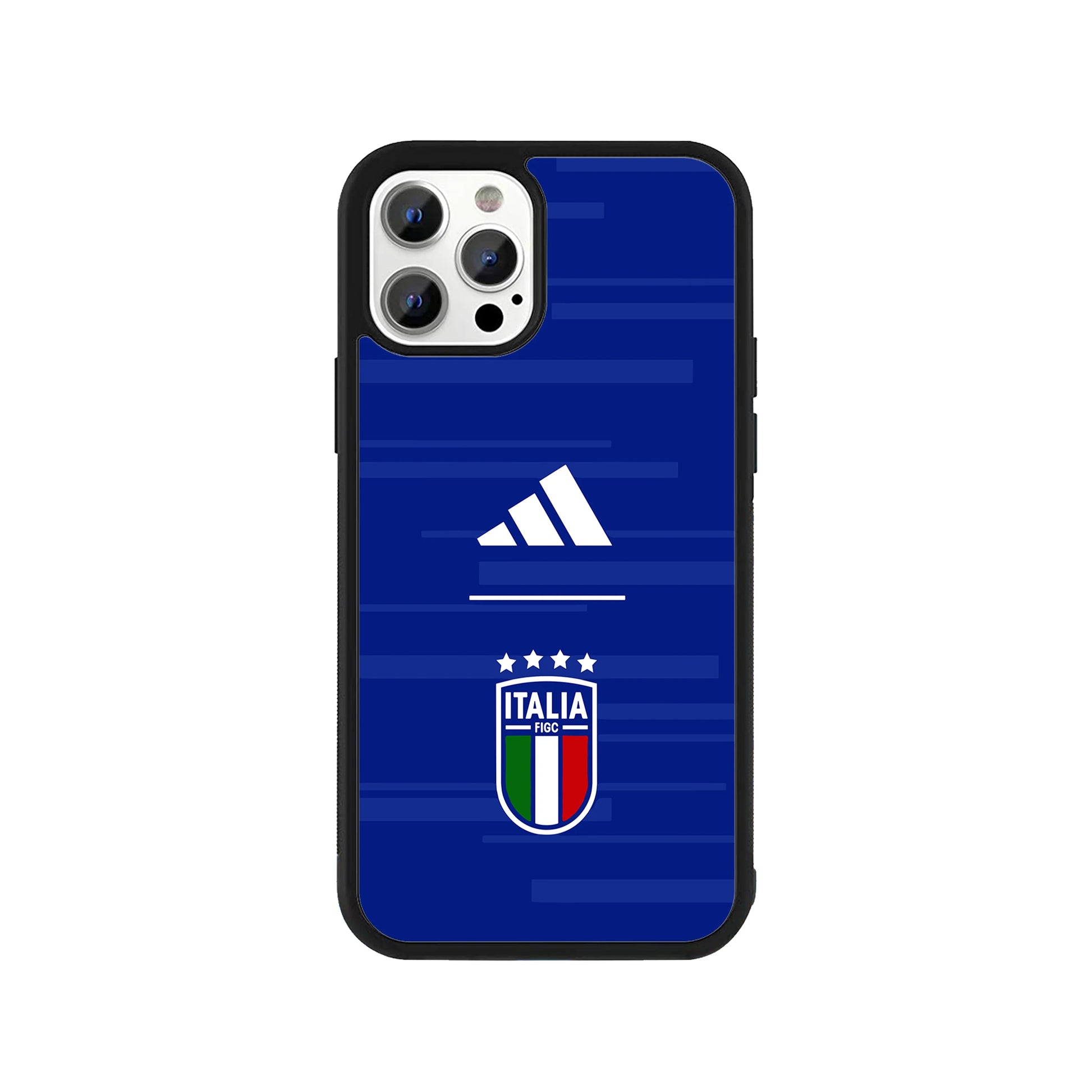 A smartphone case featuring a blue background with subtle horizontal stripes, a white athletic logo, and the Italy FIGC football crest crowned with four stars, framed by a protective black bumper - sports phone accessory by Stick-On Limited.