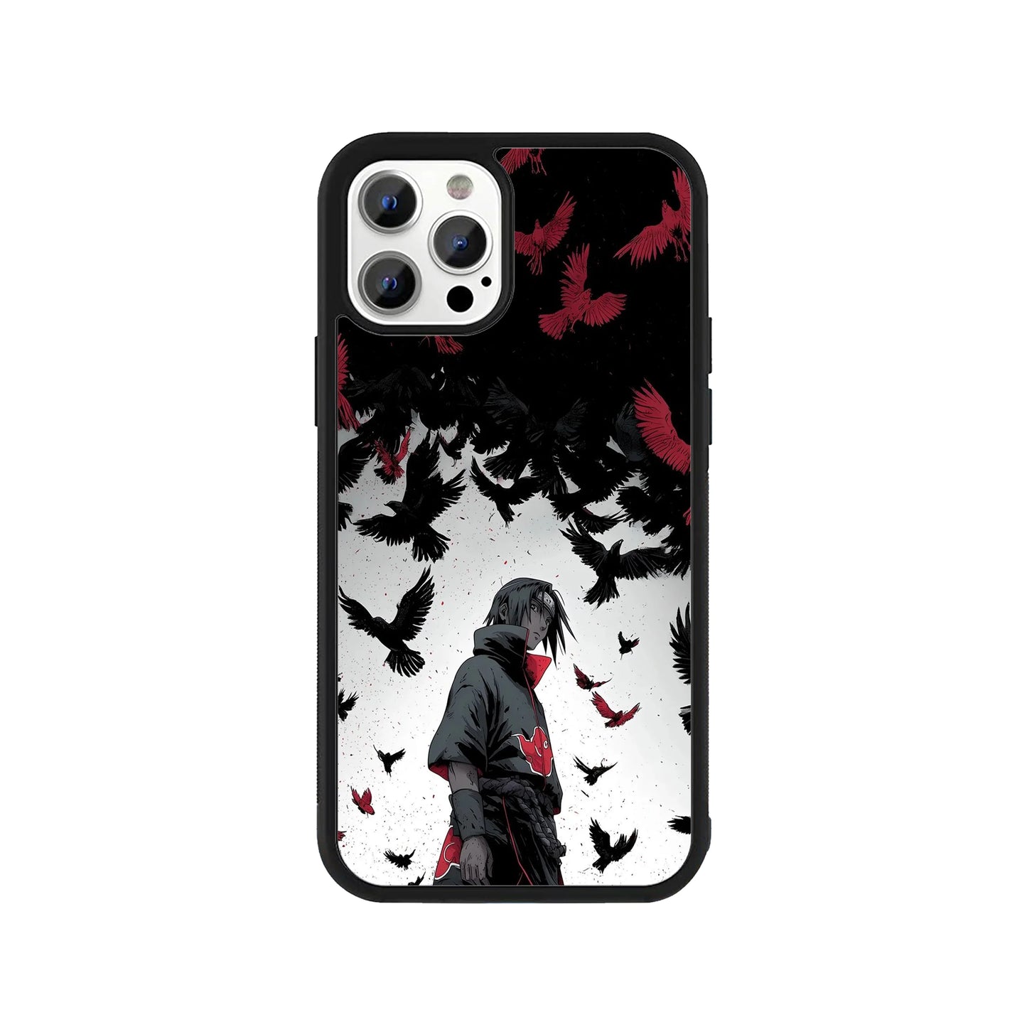 Phone case featuring Itachi Uchiha and a flock of red and black crows - Naruto anime cover by Stick-On Limited.