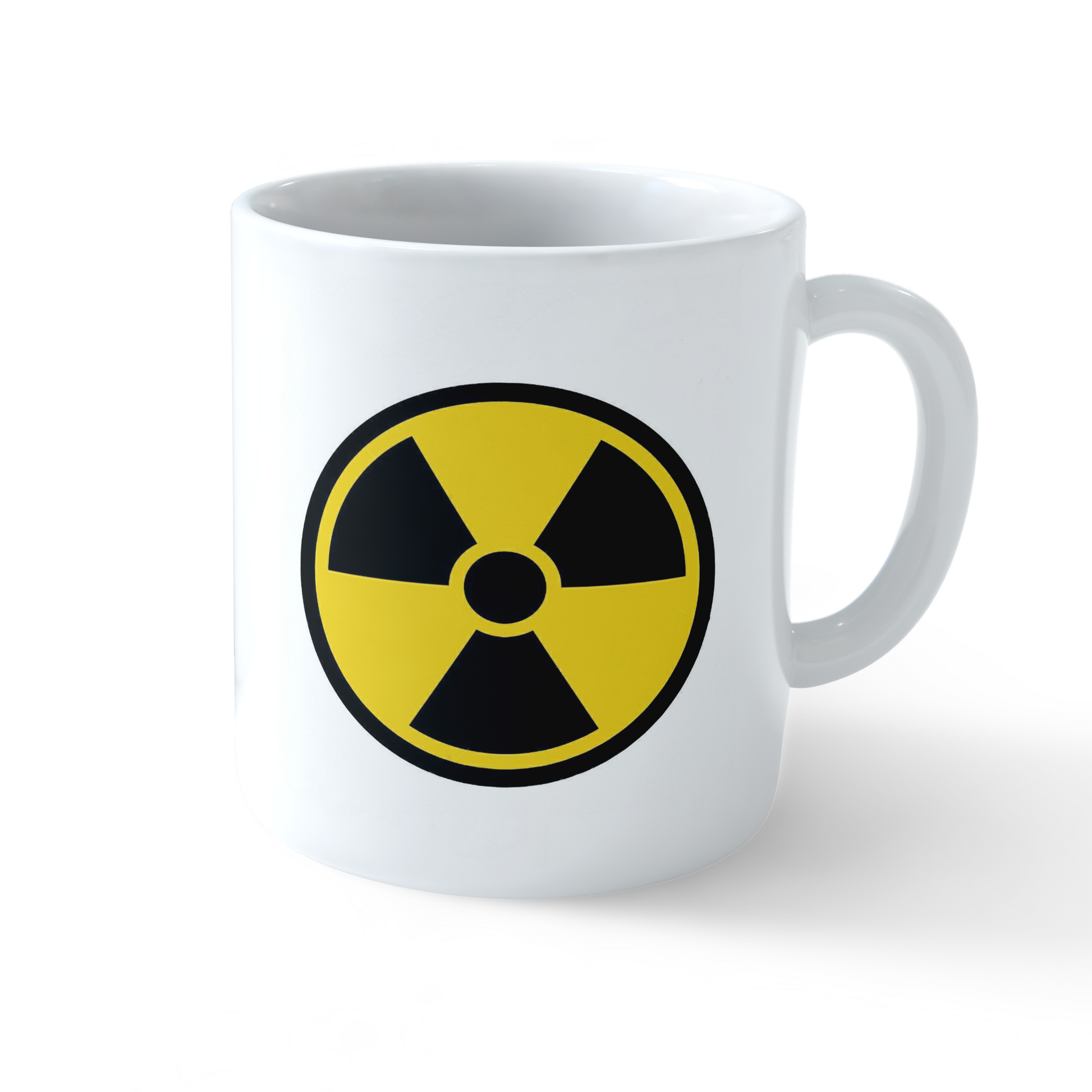 White ceramic coffee mug featuring a bold black and yellow radiation hazard symbol design