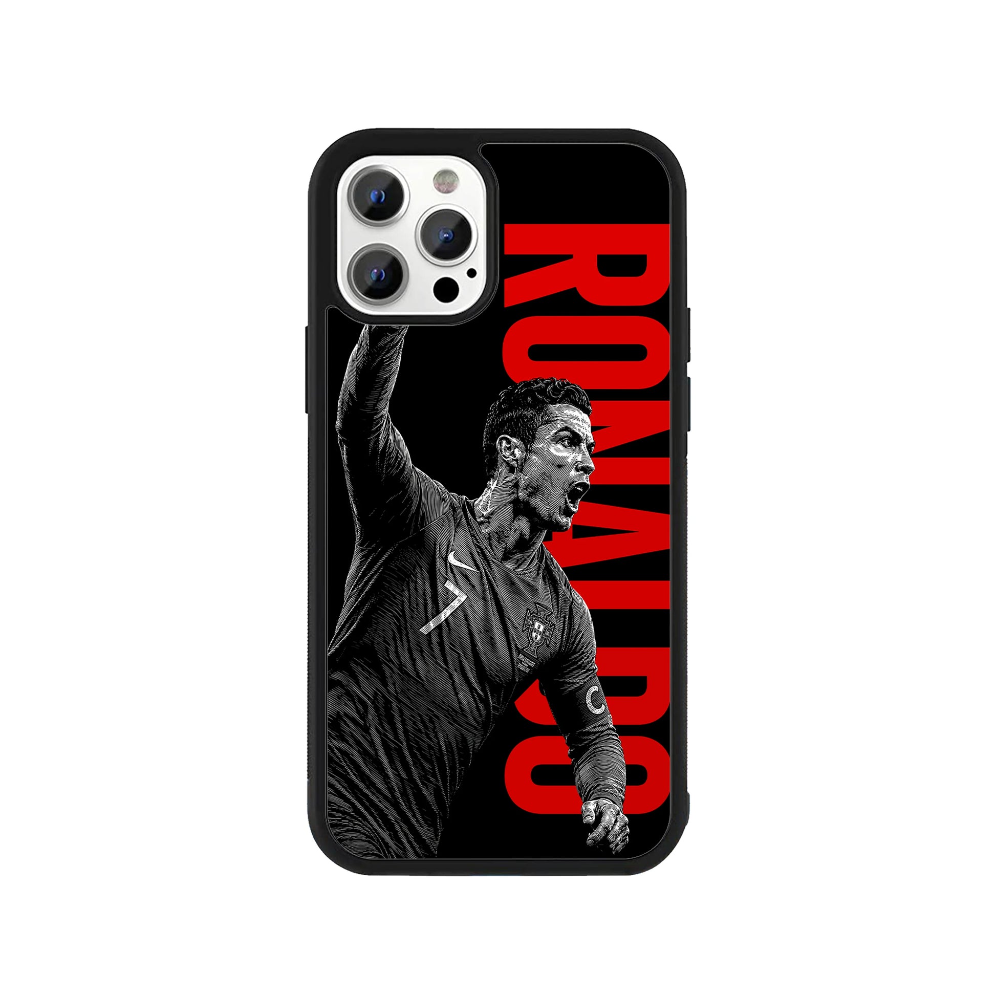 A smartphone case featuring a black and white illustration of Cristiano Ronaldo celebrating in his Portugal kit, set against a black background with large vertical red 'RONALDO' text and a protective black bumper - sports phone accessory by Stick-On Limited.