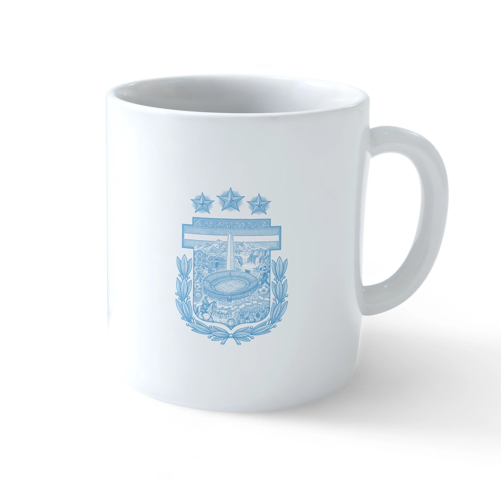 A white ceramic mug shown from multiple angles, featuring the gold Argentina AFA crest and 'VAMOS ARGENTINA' text on one side, and a detailed light blue heritage crest with an Obelisk, stadium, and three stars on the other - sports drinkware by Stick-On Limited.