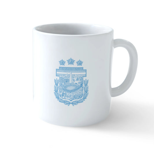 A white ceramic mug shown from multiple angles, featuring the gold Argentina AFA crest and 'VAMOS ARGENTINA' text on one side, and a detailed light blue heritage crest with an Obelisk, stadium, and three stars on the other - sports drinkware by Stick-On Limited.
