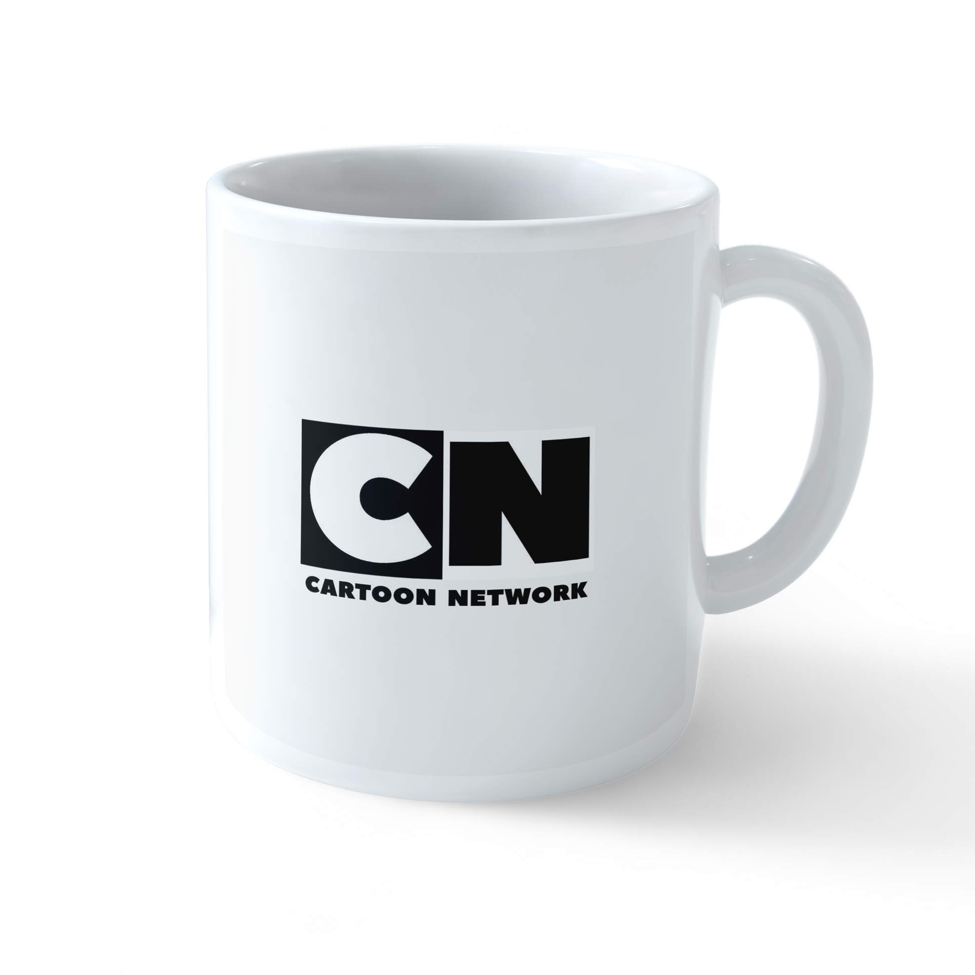 White ceramic mug featuring the CN (Cartoon Network) bold black and white logo.