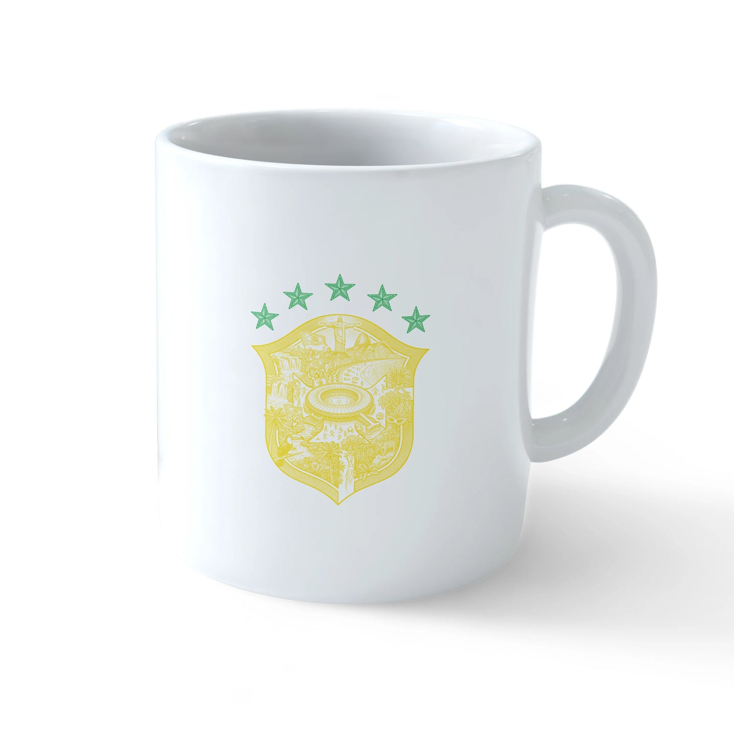 A white ceramic mug shown from multiple angles, featuring the Brazil CBF crest and 'PRA FRENTE BRASIL' text on one side, and a detailed yellow heritage crest with Christ the Redeemer, a stadium, and five green stars on the other - sports drinkware by Stick-On Limited.