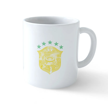 A white ceramic mug shown from multiple angles, featuring the Brazil CBF crest and 'PRA FRENTE BRASIL' text on one side, and a detailed yellow heritage crest with Christ the Redeemer, a stadium, and five green stars on the other - sports drinkware by Stick-On Limited.
