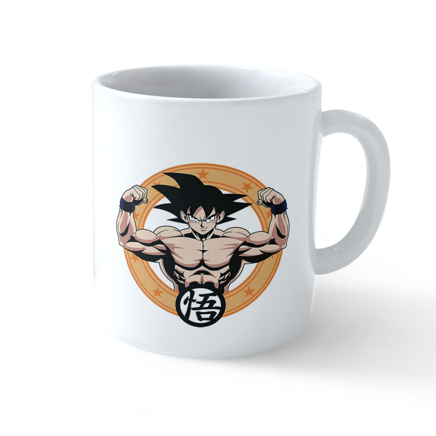 White ceramic Dragon Ball Z mug featuring Goku flex pose on one side and DBZ logo on the other.