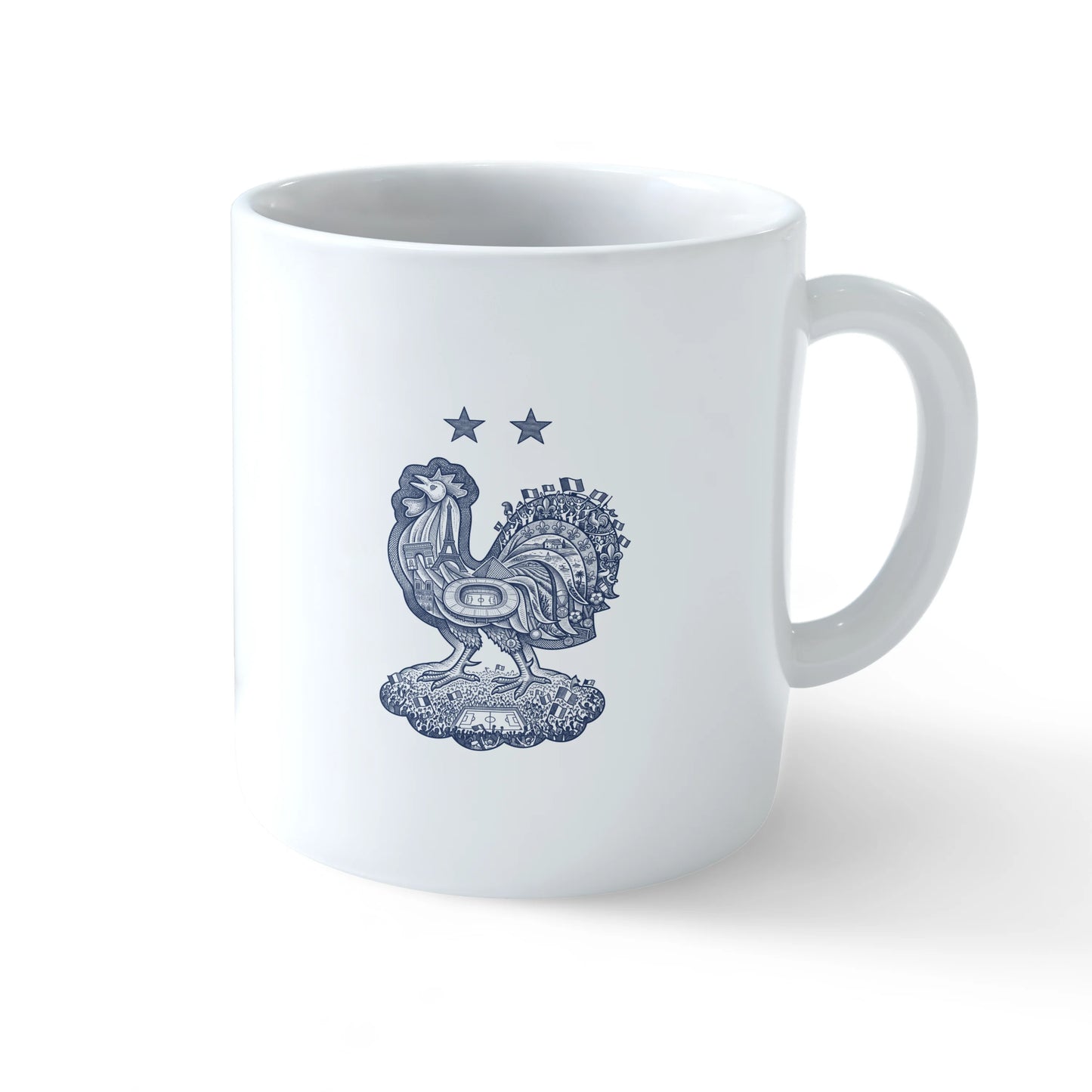 A white ceramic mug shown from multiple angles, featuring a stylized navy blue rooster and 'ALLEZ LES BLEUS!' text with two stars on one side, and a highly detailed heritage rooster crest containing French landmarks on the other - sports drinkware by Stick-On Limited.