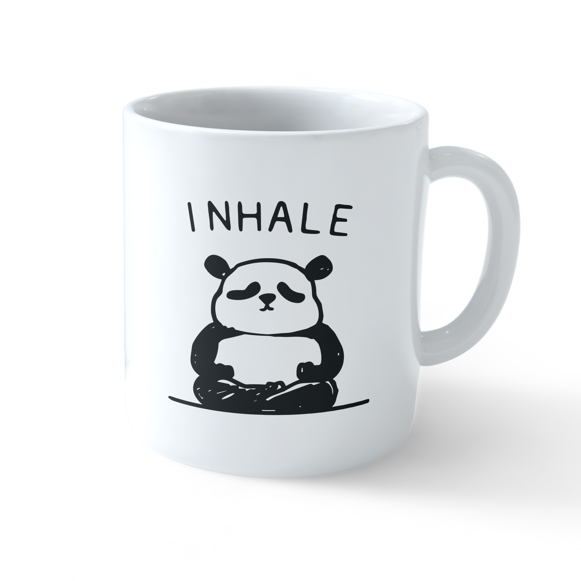 White ceramic mug with black panda yoga illustration and Inhale Exhale text