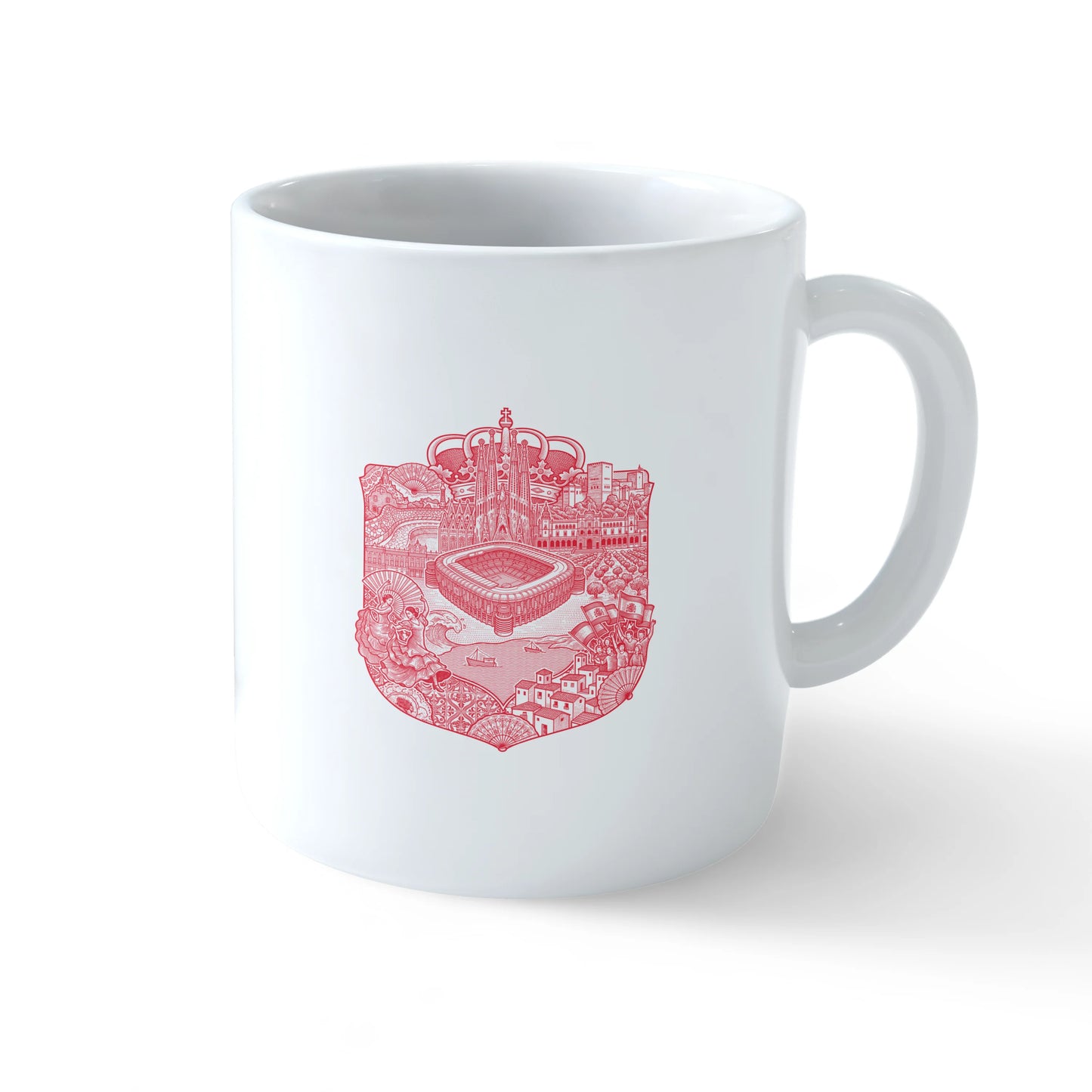 A white ceramic mug shown from multiple angles, featuring the red and gold Spain RFEF crest and 'VAMOS ESPAÑA' text with one star on one side, and a highly detailed red heritage crest containing Spanish landmarks like the Sagrada Familia on the other - sports drinkware by Stick-On Limited.