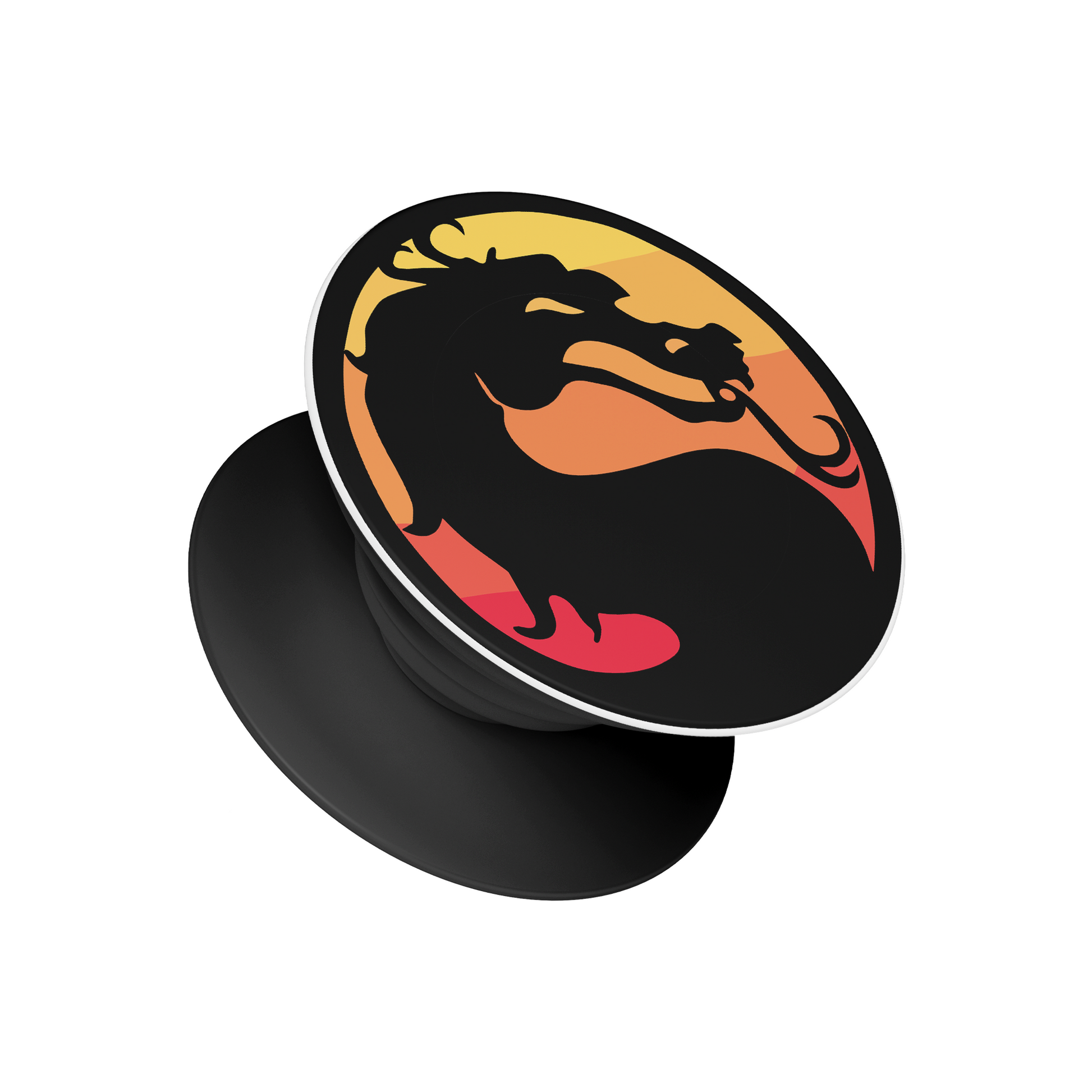 Mortal Kombat pop socket with black dragon emblem on gradient background, Stick-On mobile phone grip and stand