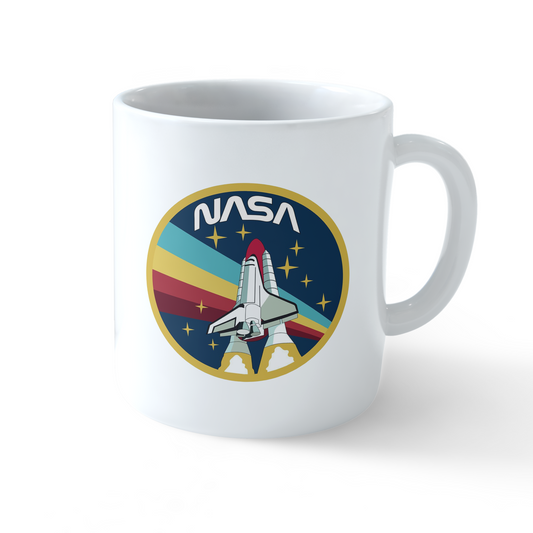 NASA Shuttle Retro Mug – White ceramic mug with space shuttle design and NASA mission control label by Stick-On