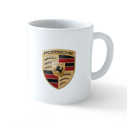 Porsche Mug – Ceramic coffee mug with Porsche logo and racing flags, perfect for car enthusiasts by Stick-On