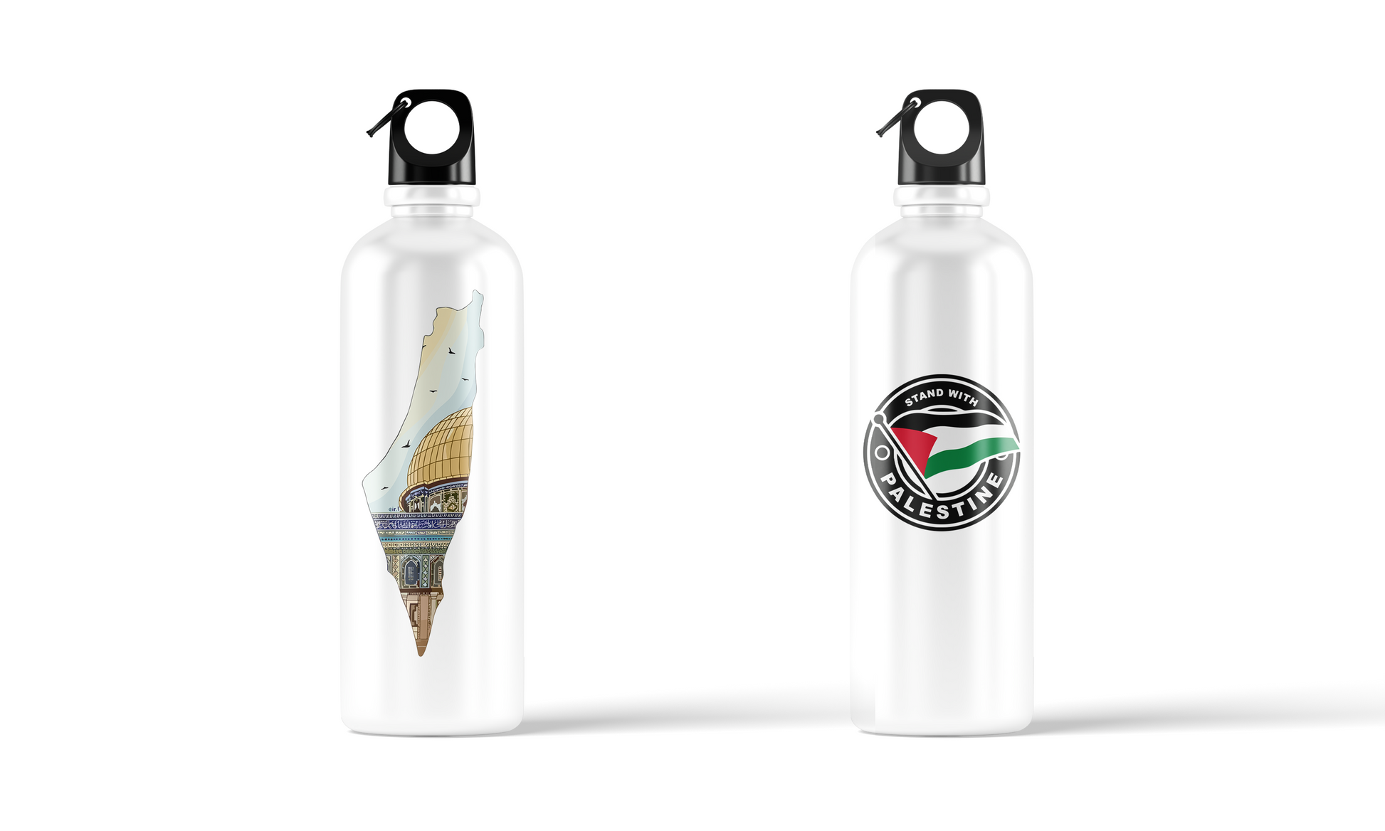 Palestine sublimation water bottle – 500ml, featuring Stand With Palestine emblem and Dome of the Rock map illustration by Stick-On