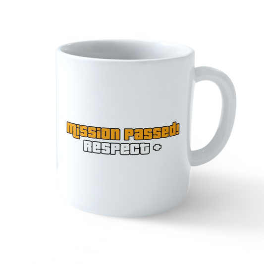 Rockstar Games "Mission Passed" coffee mug with Rockstar logo and GTA Respect+ design by Stick-On