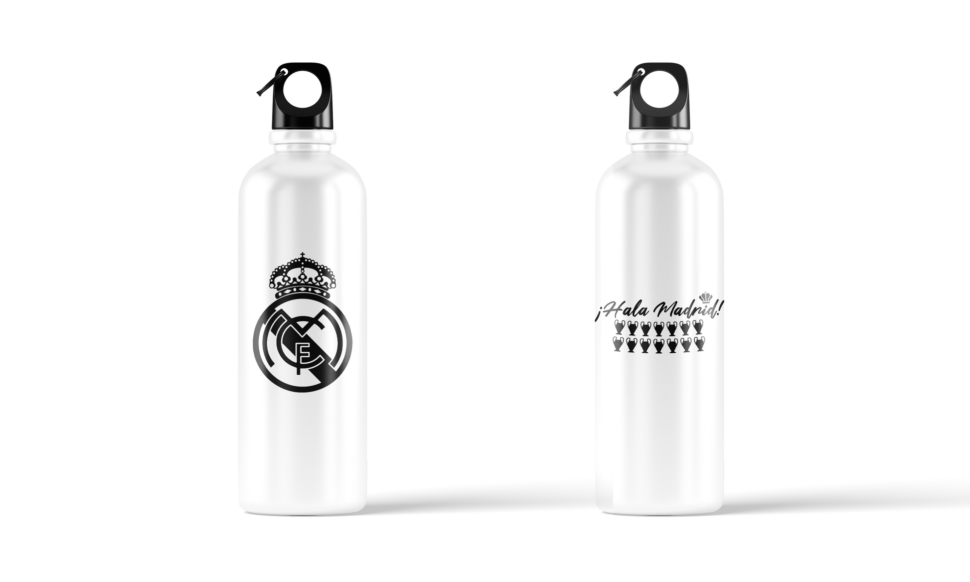 Real Madrid sublimation water bottle – 500ml, featuring crest and ¡Hala Madrid! typography with trophies design by Stick-On