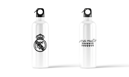 Real Madrid sublimation water bottle – 500ml, featuring crest and ¡Hala Madrid! typography with trophies design by Stick-On