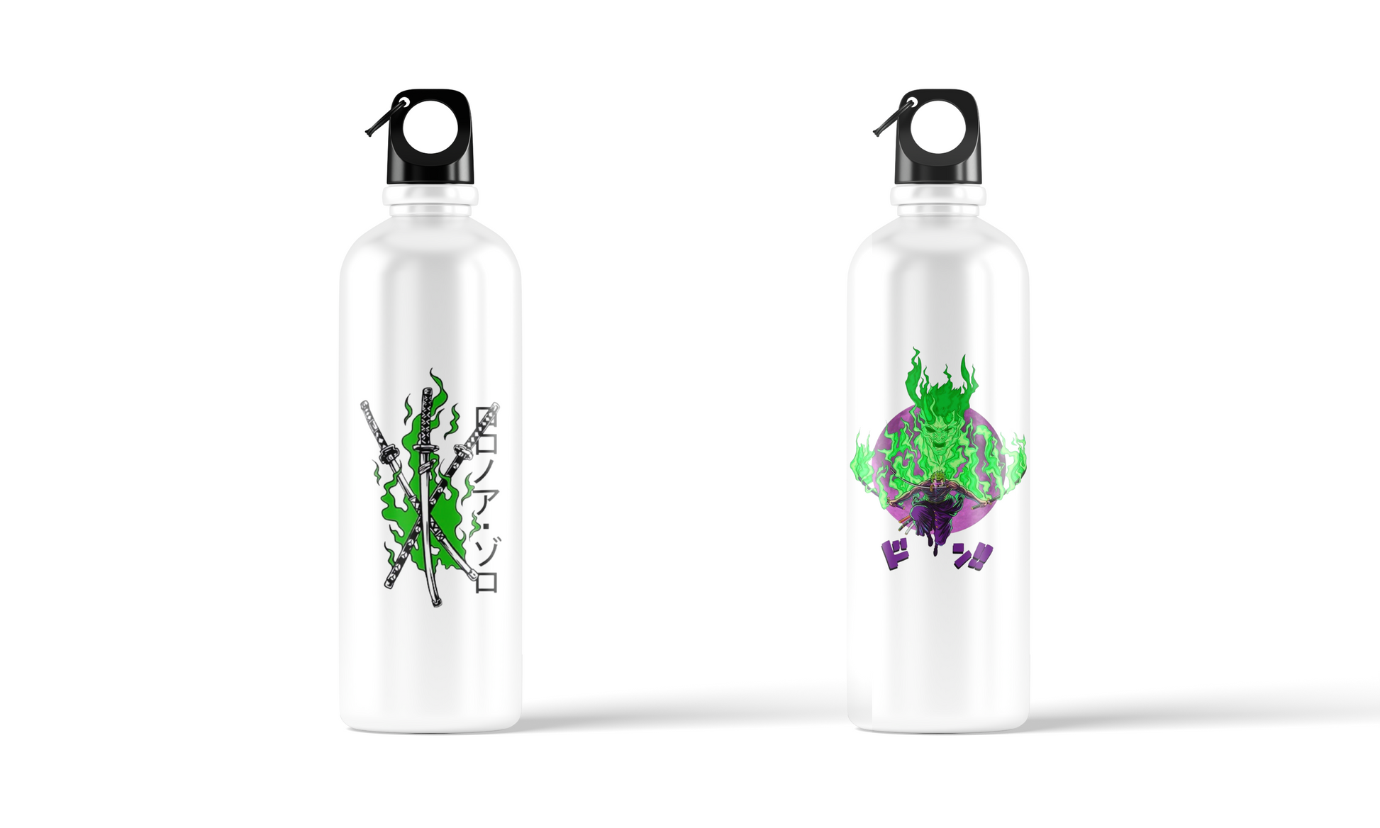 Roronoa Zoro anime sublimation water bottle – 500ml, featuring green flame and three-sword design by Stick-On