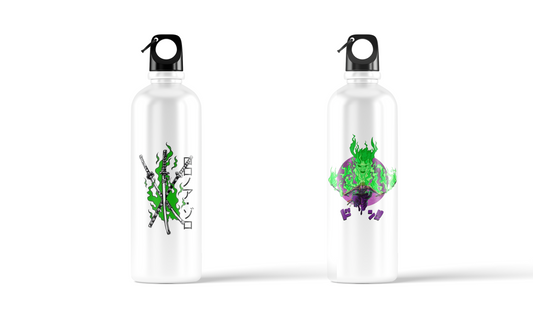 Roronoa Zoro anime sublimation water bottle – 500ml, featuring green flame and three-sword design by Stick-On