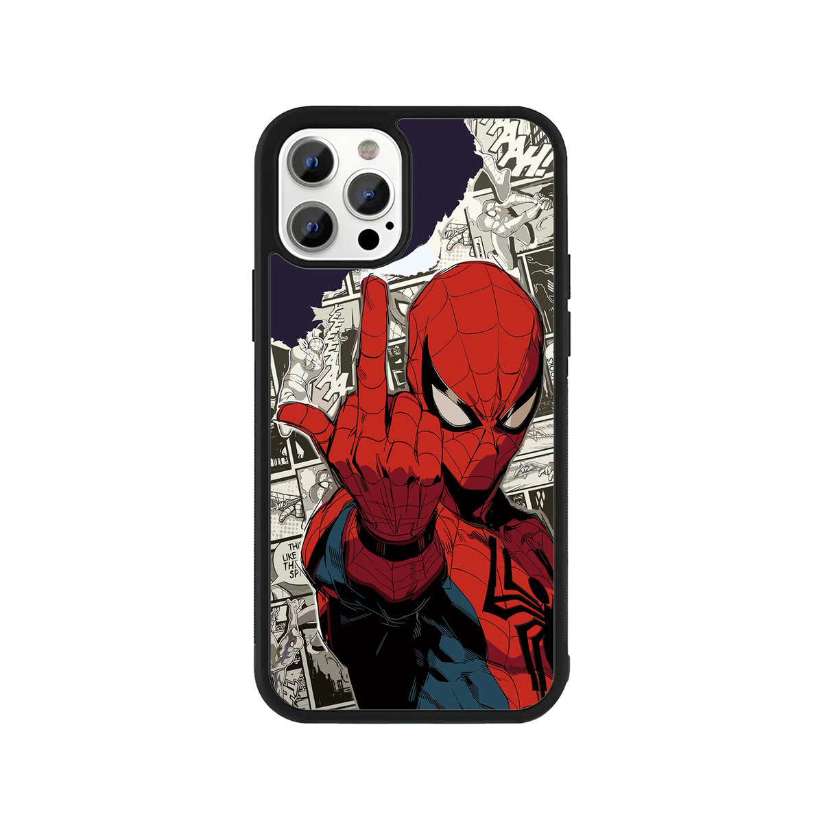 A smartphone case featuring a full-color graphic of Spider-Man in a web-shooting pose layered over a background of black-and-white comic book panels, surrounded by a black protective bumper edge.