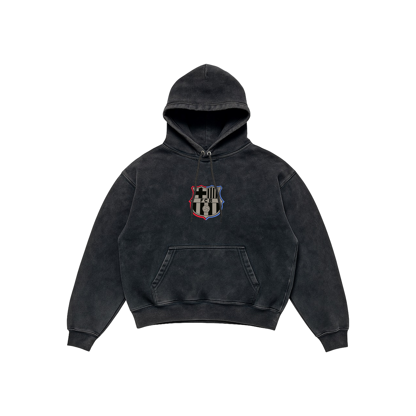 FC Barcelona Acid Wash Hoodie – Champions Edition featuring modern FCB crest and team celebration artwork, Stick-On Sports Collection