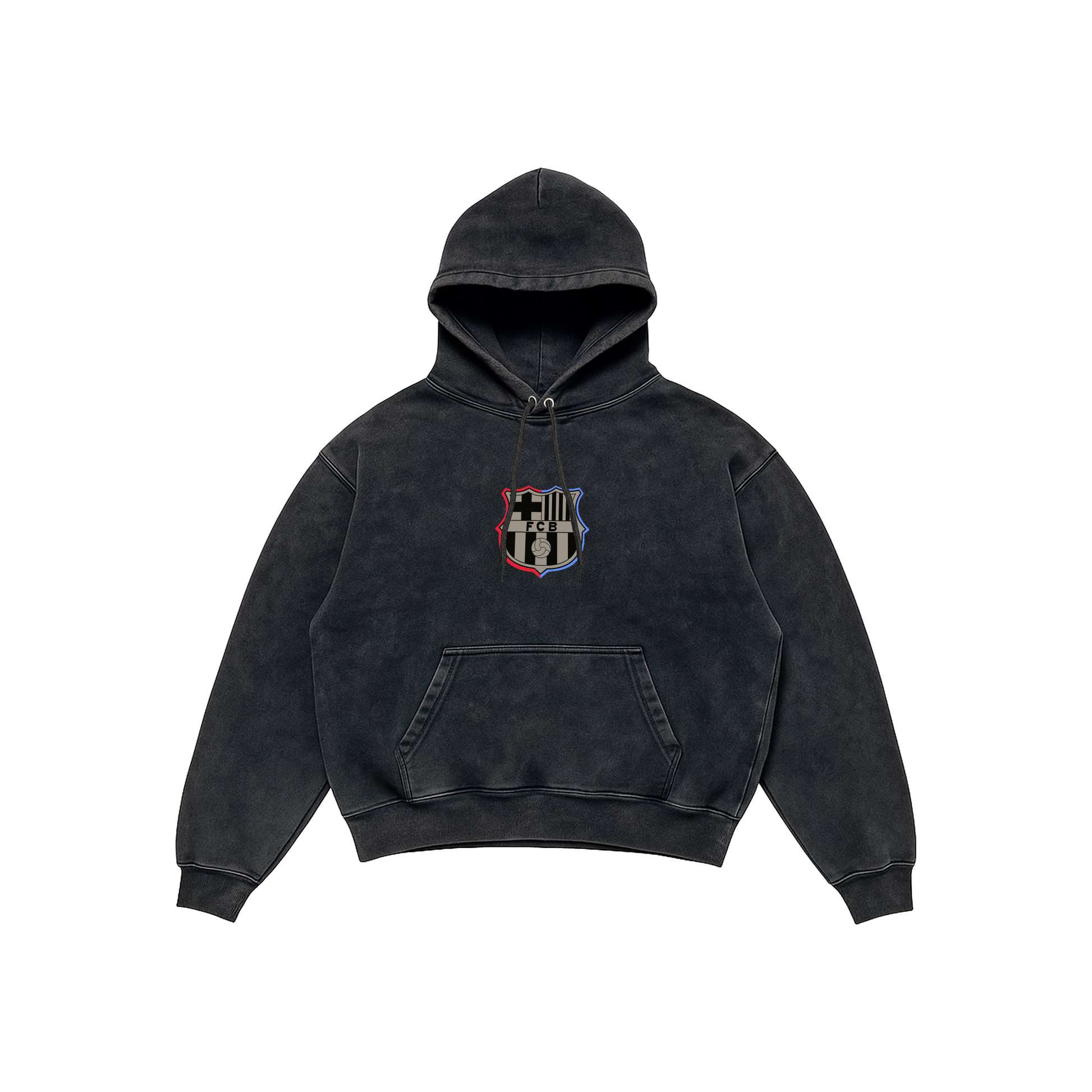 FC Barcelona Acid Wash Hoodie – Champions Edition featuring modern FCB crest and team celebration artwork, Stick-On Sports Collection