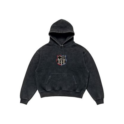 FC Barcelona Acid Wash Hoodie – Champions Edition featuring modern FCB crest and team celebration artwork, Stick-On Sports Collection