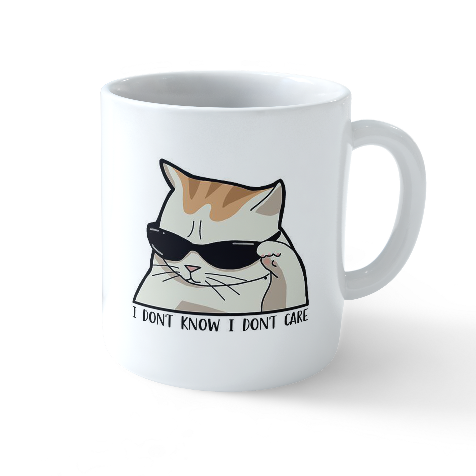 Cool Cat Mug with sunglasses cat and “I Don’t Know I Don’t Care” text – Stick-On Ceramic Mug
