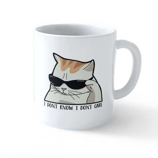 Cool Cat Mug with sunglasses cat and “I Don’t Know I Don’t Care” text – Stick-On Ceramic Mug