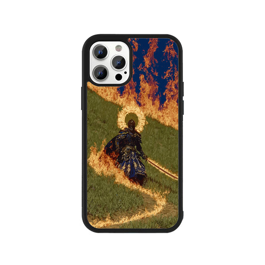 Pixel art phone case featuring a knight with a halo standing in a field of fire - dark fantasy gaming cover by Stick-On Limited.