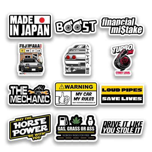 JDM Sticker Pack – Street Racer Edition car and turbo-themed stickers, Stick-On Auto Collection