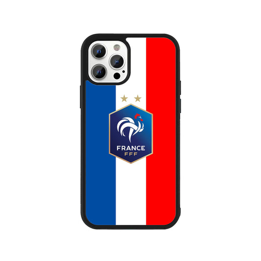 A smartphone case featuring the French national football team FFF crest with two gold stars over a blue, white, and red flag background with a protective black bumper - sports phone accessory by Stick-On Limited.