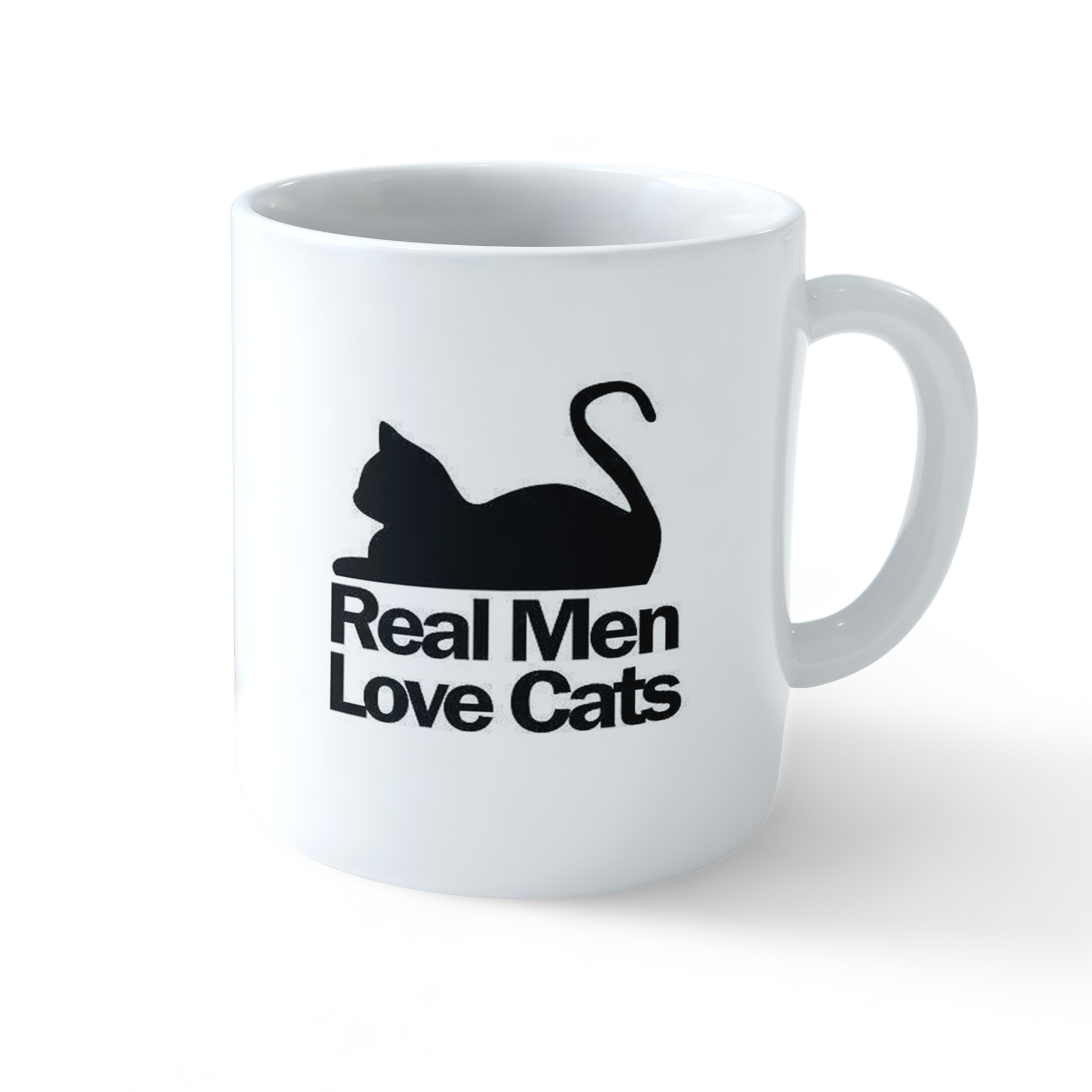 White ceramic mug with "Real Men Love Cats" text and black cat silhouette design by Stick-On