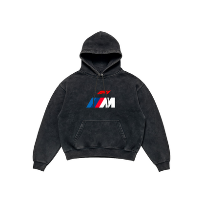 BMW M5 Acid Wash Hoodie – Blueprint Edition featuring technical drawings of the BMW M5 and M Performance logo, Stick-On Auto Collection
