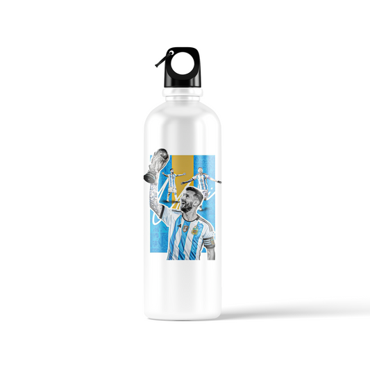 Lionel Messi Argentina World Cup sublimation water bottle – featuring Messi lifting the trophy and celebrating in Argentina jersey, Stick-On Sports Collection