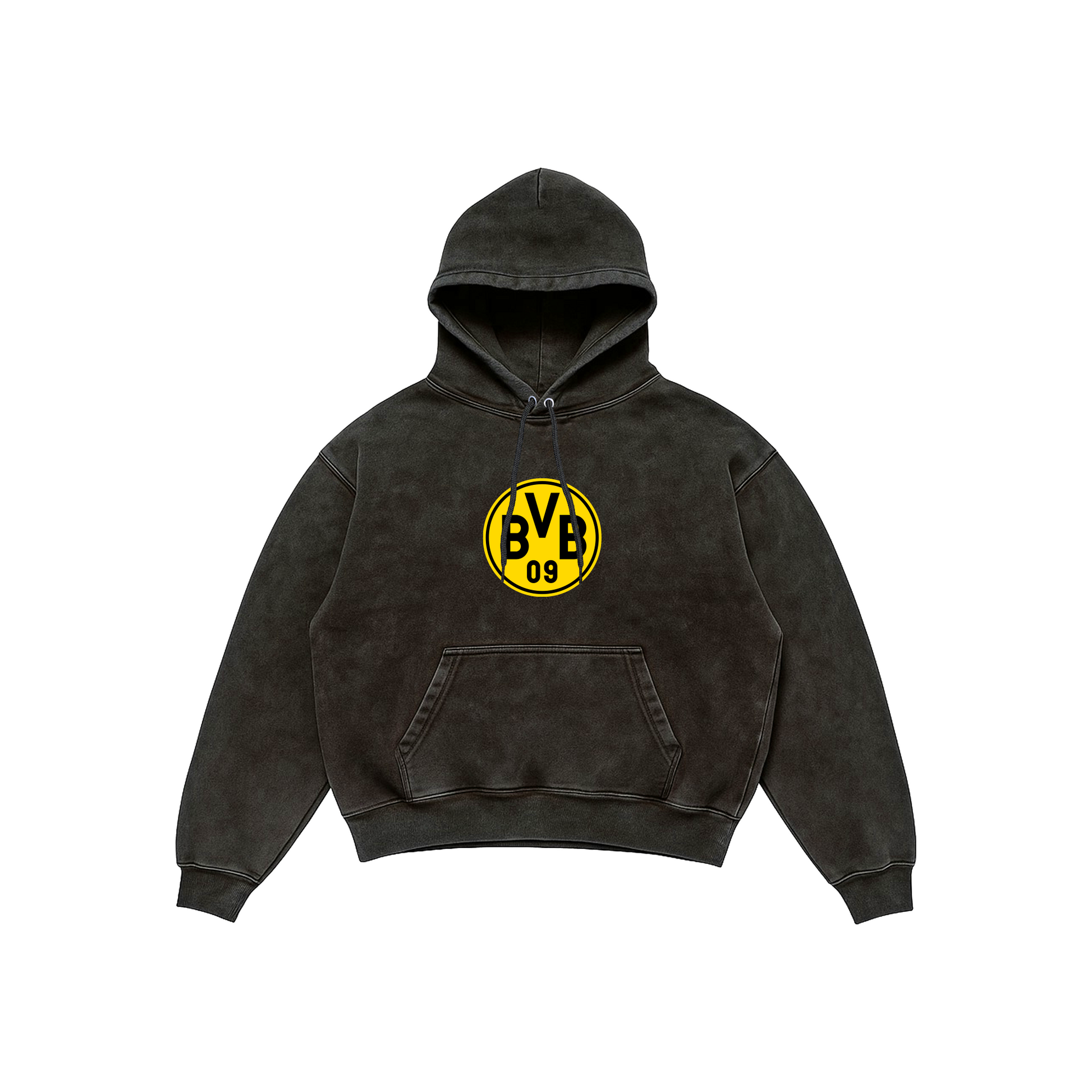 Borussia Dortmund Acid Wash Hoodie – HEJA BVB Edition featuring BVB 09 crest on front and bold fan illustration with HEJA BVB text on back, Stick-On Sports Collection