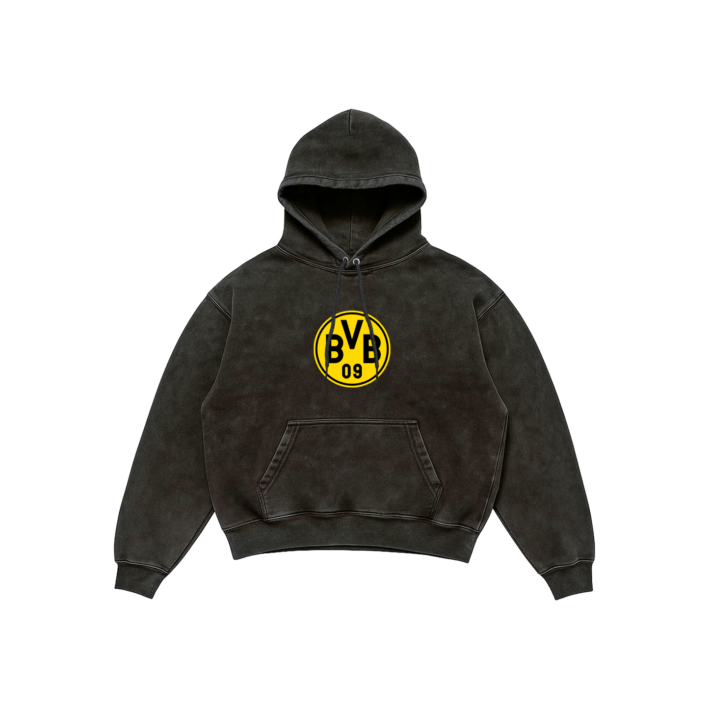 Borussia Dortmund Acid Wash Hoodie – HEJA BVB Edition featuring BVB 09 crest on front and bold fan illustration with HEJA BVB text on back, Stick-On Sports Collection