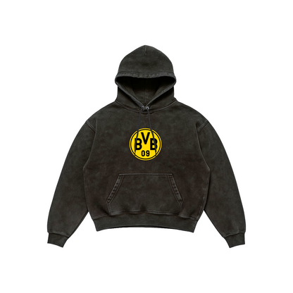 Borussia Dortmund Acid Wash Hoodie – HEJA BVB Edition featuring BVB 09 crest on front and bold fan illustration with HEJA BVB text on back, Stick-On Sports Collection