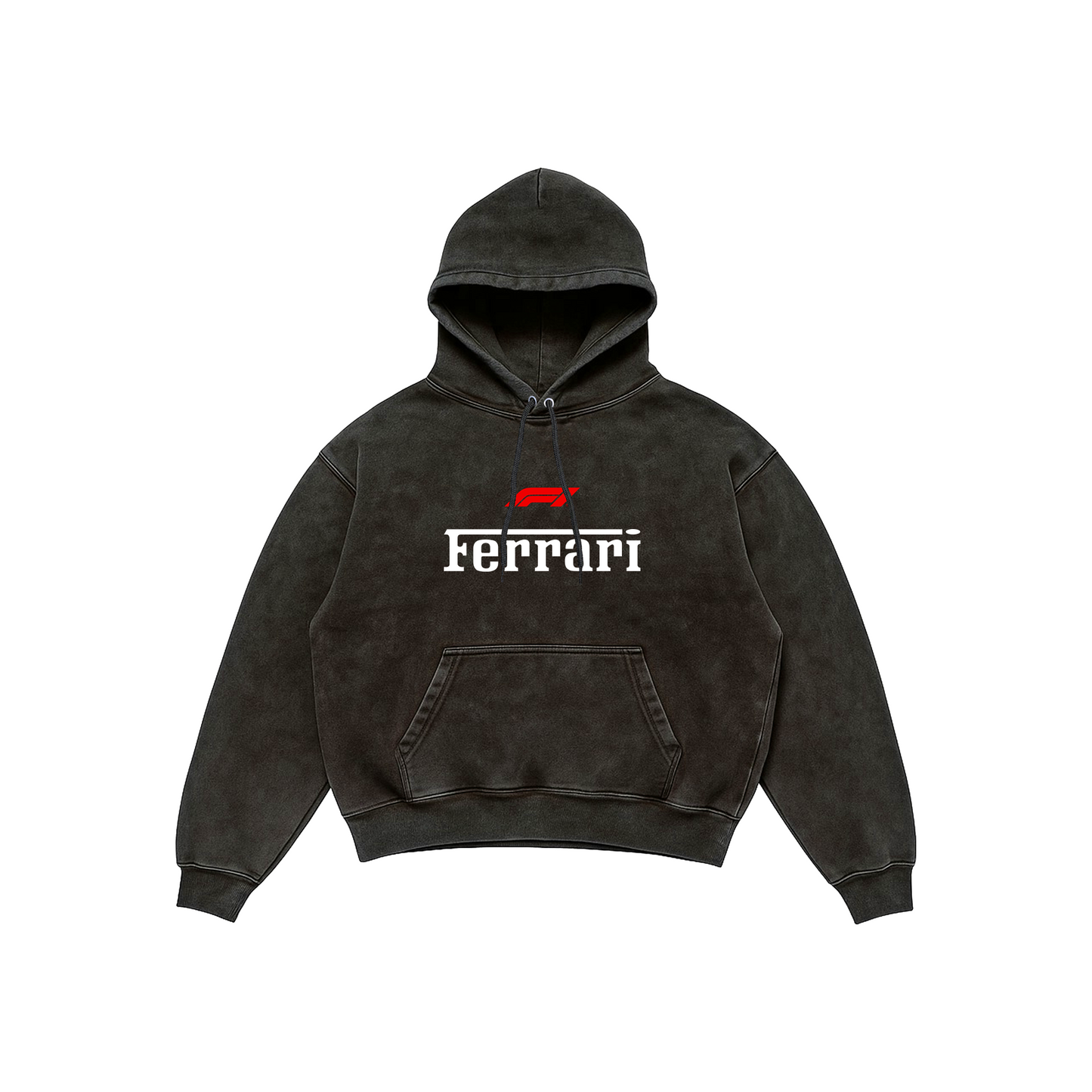 Ferrari Formula One Acid Wash Hoodie – Scuderia Blueprint Edition featuring Ferrari F1 blueprint artwork and Ferrari logo, Stick-On Auto Collection