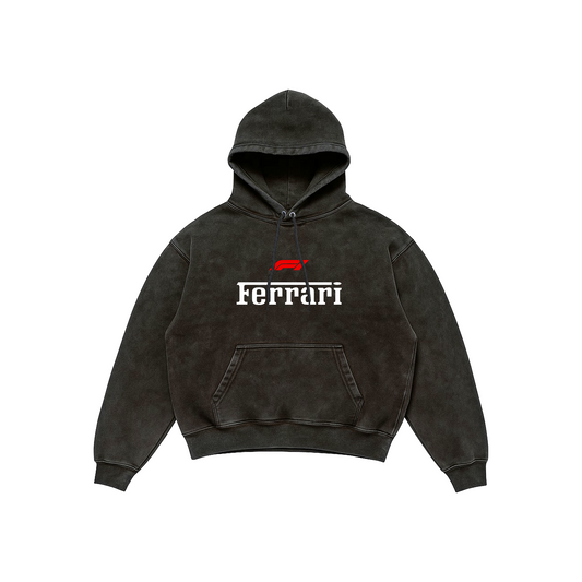 Ferrari Formula One Acid Wash Hoodie – Scuderia Blueprint Edition featuring Ferrari F1 blueprint artwork and Ferrari logo, Stick-On Auto Collection